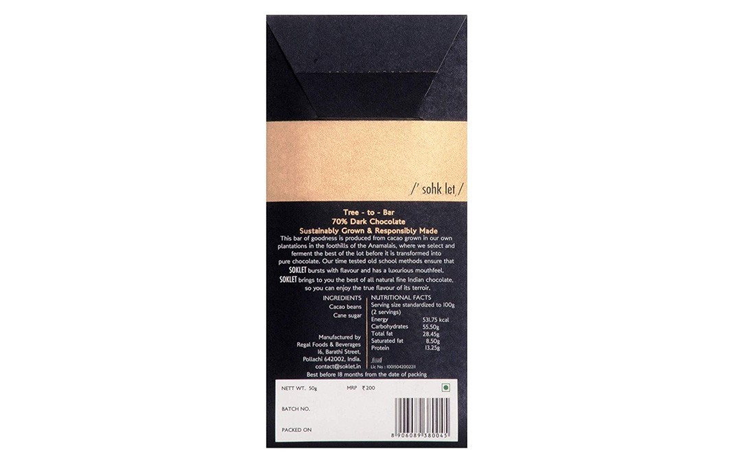 Soklet 70% Dark Chocolate    Pack  50 grams
